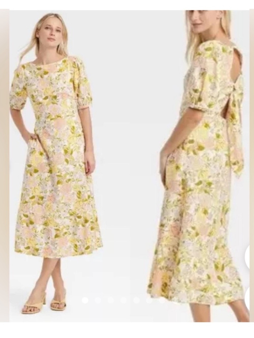 Who What Wear Small Linen Floral Tie Back Midi Dress Puff Sleeves & Side Pockets - Picture 2 of 11